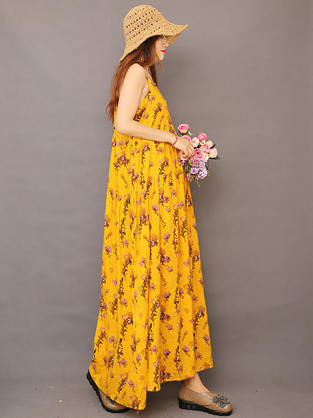 Summer Printed 100% Cotton Floral Suspender Pinafore Dress