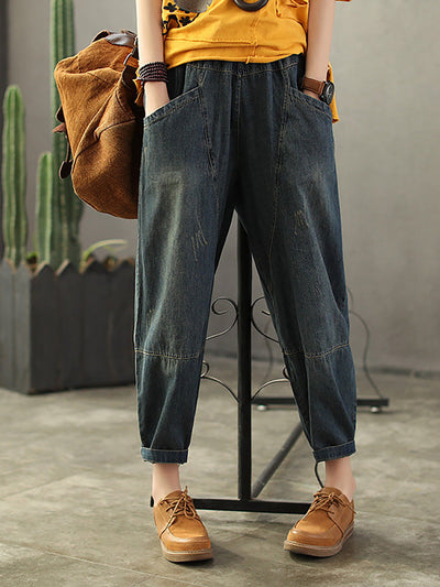 Vintage-Jeans im Distressed-Look mit lockerer, elastischer Taille und gespleißten Nähten