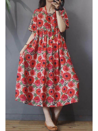 Women Floral Vintage Casual Short Sleeve Dress