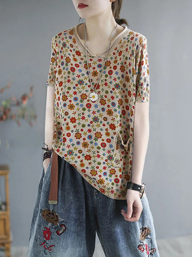 Floral Spring Knitted Casual Print Pocket Sweater