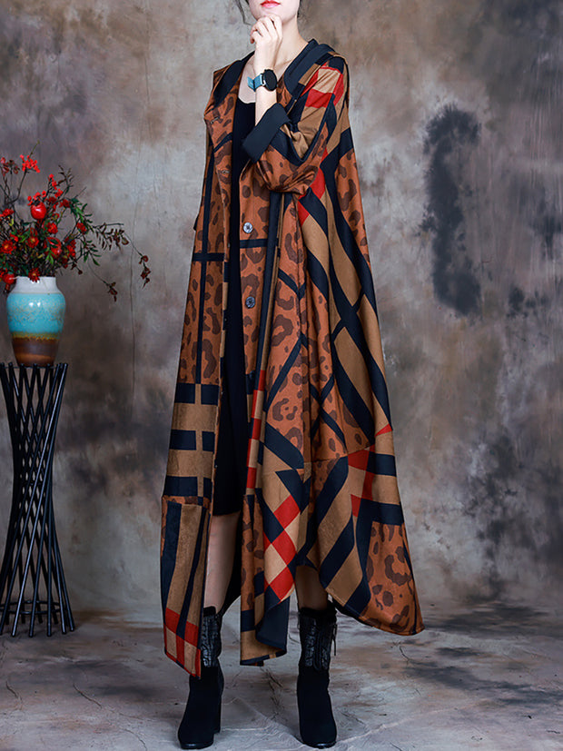 Women Hooded Irregular Print Coat