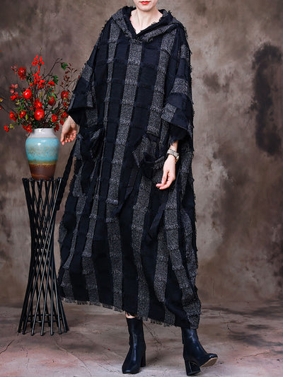 Women Hooded Plaid Batwing Sleeve Dress