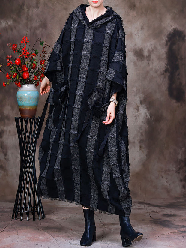 Women Hooded Plaid Batwing Sleeve Dress