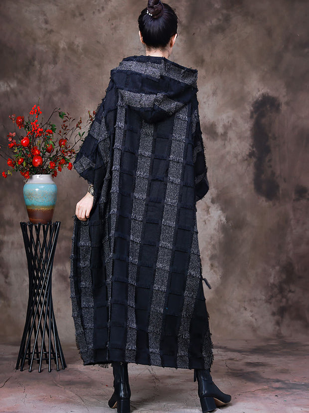Women Hooded Plaid Batwing Sleeve Dress