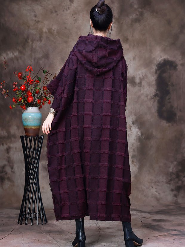Women Hooded Plaid Batwing Sleeve Dress