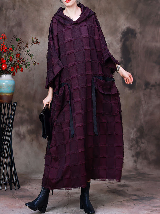 Women Hooded Plaid Batwing Sleeve Dress