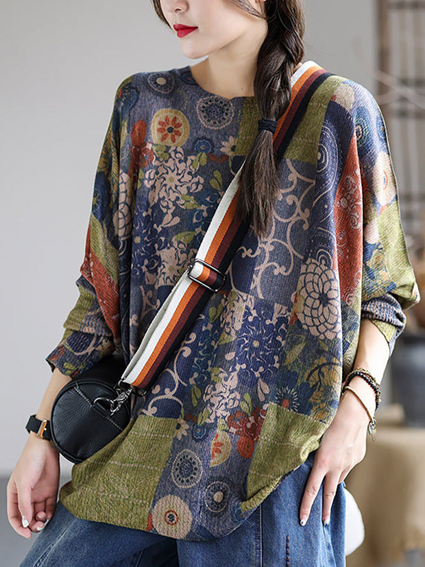 Women Knitted Floral Printed Long Sleeve Sweater
