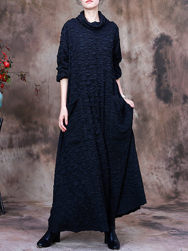 Pocket Pleated Long Sleeve Women Maxi Dress