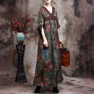 Women Retro V-neck Palace Floral Dress
