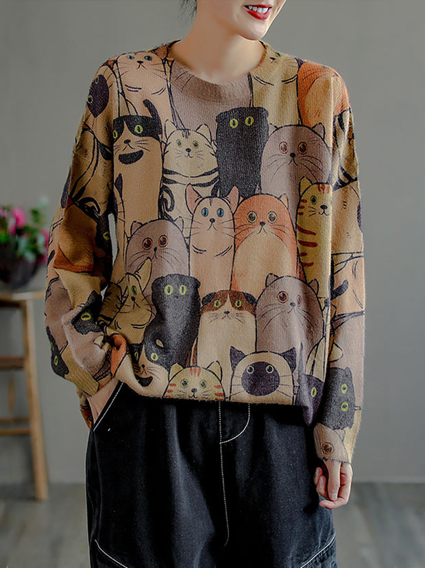 Women Vintage Printed Long Sleeve Pullover Sweater
