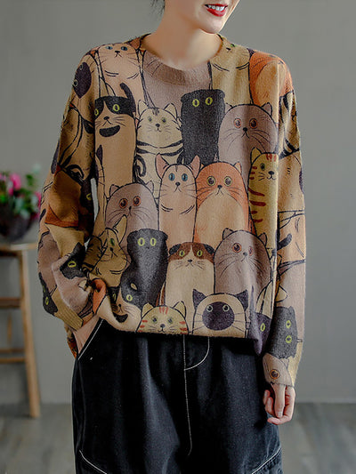 Women Vintage Printed Long Sleeve Pullover Sweater