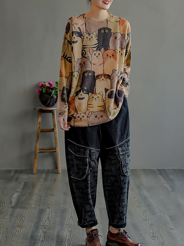 Women Vintage Printed Long Sleeve Pullover Sweater