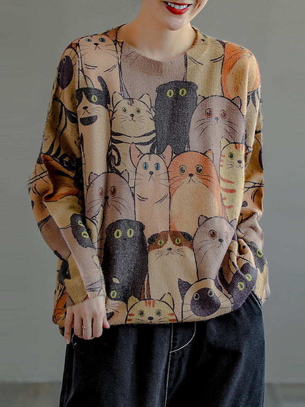 Women Vintage Printed Long Sleeve Pullover Sweater