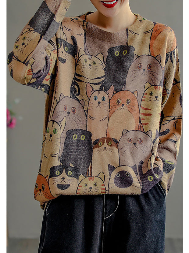 Women Vintage Printed Long Sleeve Pullover Sweater