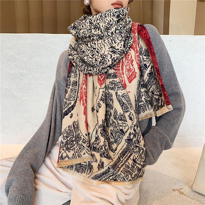 Women Spring Warm Thick Retro Mural Scarf