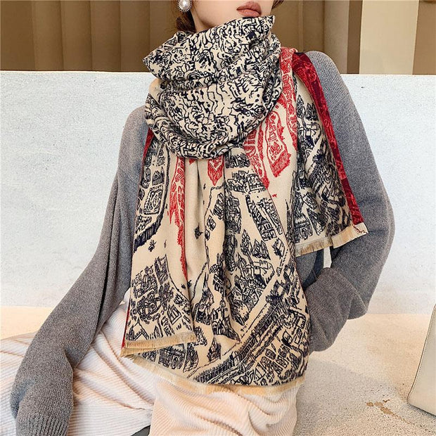 Women Spring Warm Thick Retro Mural Scarf