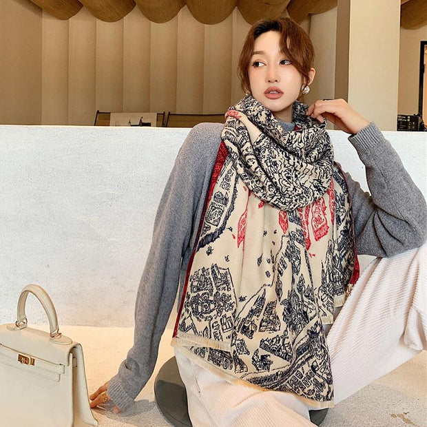 Women Spring Warm Thick Retro Mural Scarf