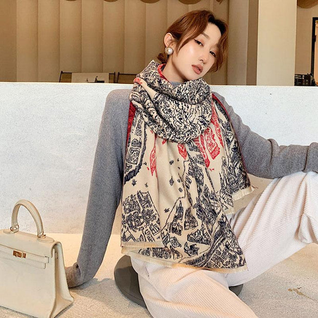 Women Spring Warm Thick Retro Mural Scarf