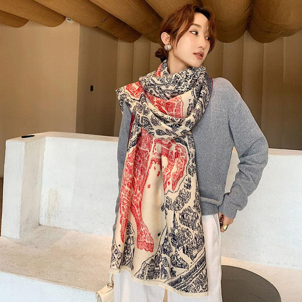 Women Spring Warm Thick Retro Mural Scarf