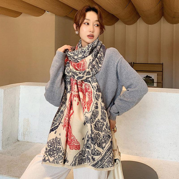 Women Spring Warm Thick Retro Mural Scarf