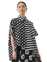 Cotton Stripe Dot Loose Irregular Women Shirt