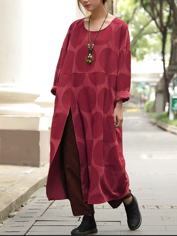 Women Literature Round Neck Long Sleeves Cotton Linen  Dress