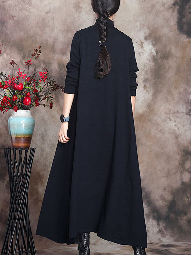 Women Artsy Solid Stand Collar Maxi Dress
