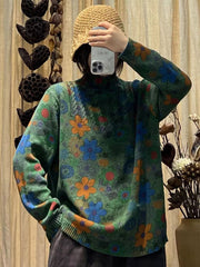 Women Artsy Flower Knitted Turtleneck Sweater