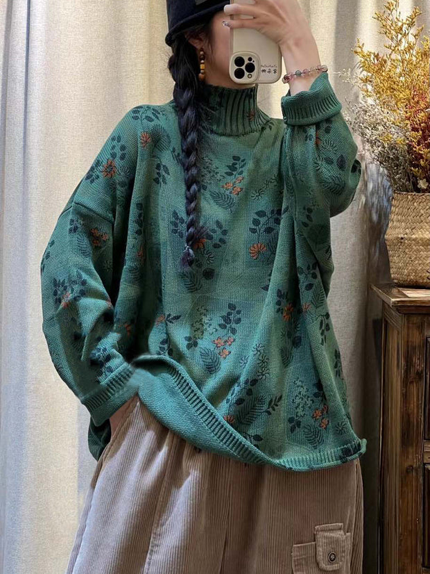 Women Vintage Flower Knitted Turtleneck Sweater