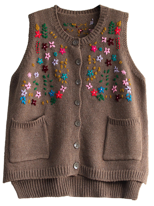 Women Embroidery Cotton Baggy Cardigan Vest