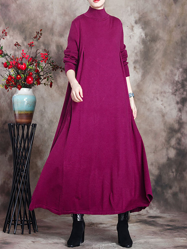 Women Artsy Solid Stand Collar Maxi Dress