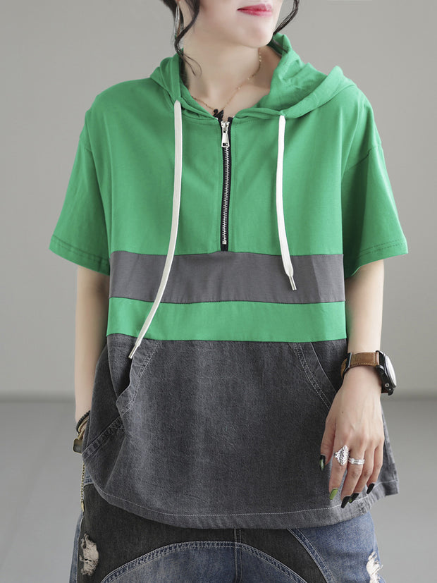 Zipper Casual Hoody Short Sleeve Cotton Women T Shirt