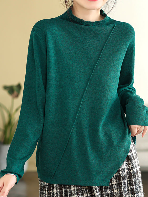 Women Loose Irregular Hem Half-high Collar  Sweater