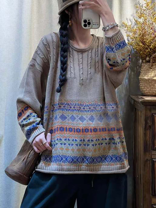 Women Winter Vintage Jacquard Print Sweater