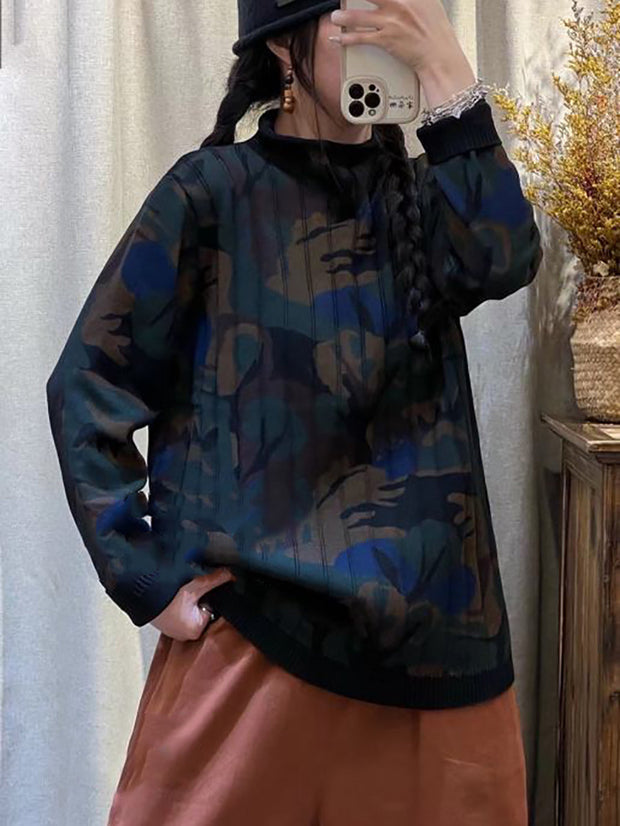 Women Casual Tree Print Half-high Collar Sweater