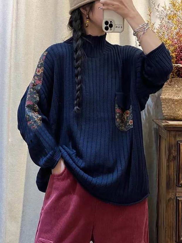 Women Winter Spliced Knitted Turtleneck Sweater