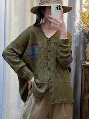 Women Vintage Patch Spliced Jacquard Cardigan Sweater