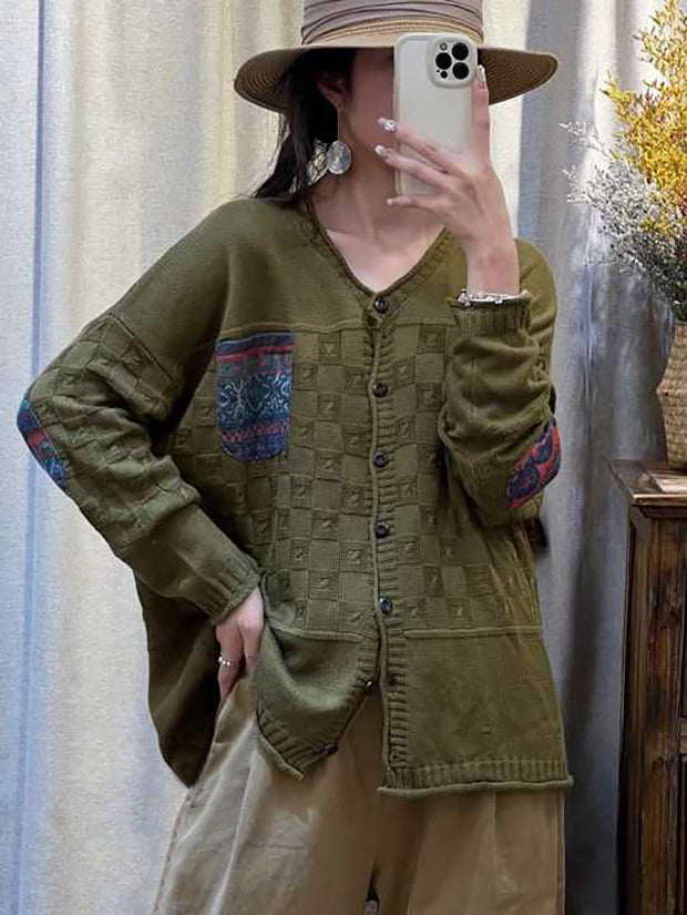 Women Vintage Patch Spliced Jacquard Cardigan Sweater