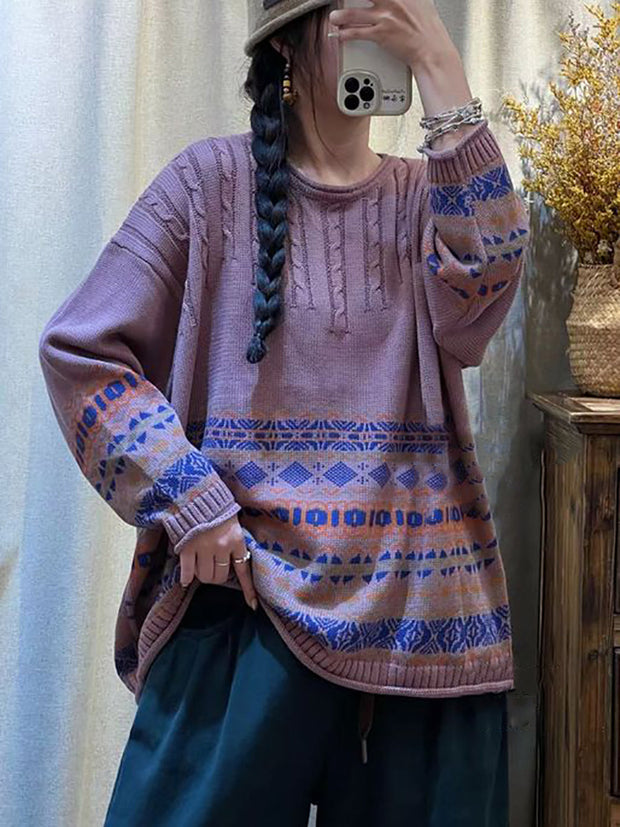 Women Winter Vintage Jacquard Print Sweater