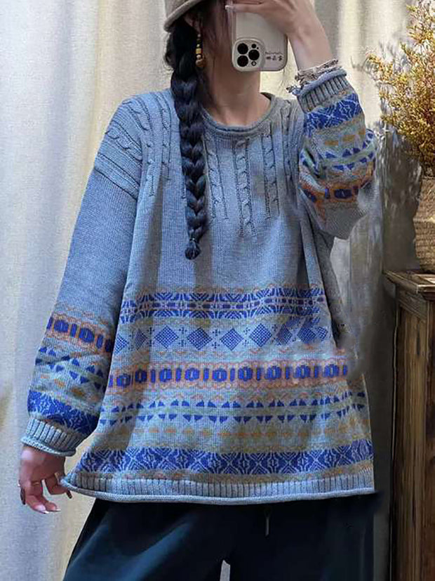 Women Winter Vintage Jacquard Print Sweater
