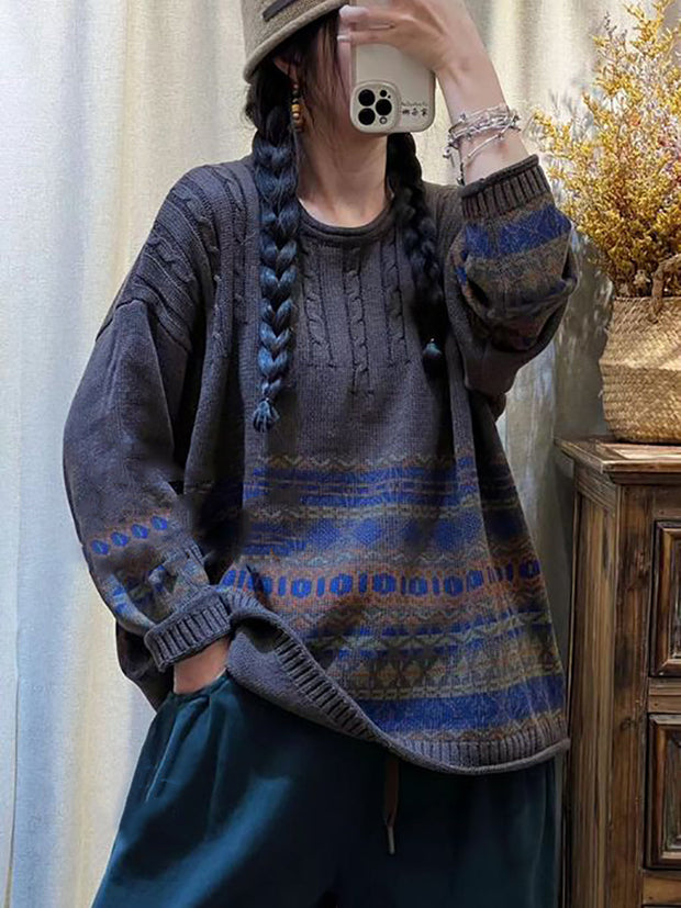 Women Winter Vintage Jacquard Print Sweater
