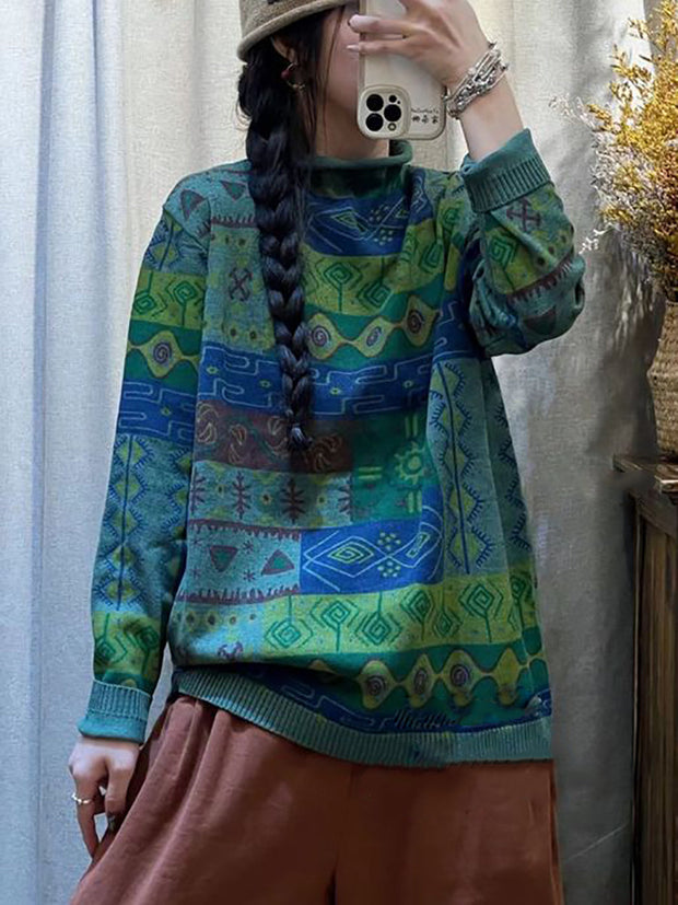 Women Vintage Print Knitted Turtleneck Knitted Sweater