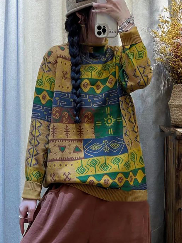Women Vintage Print Knitted Turtleneck Knitted Sweater