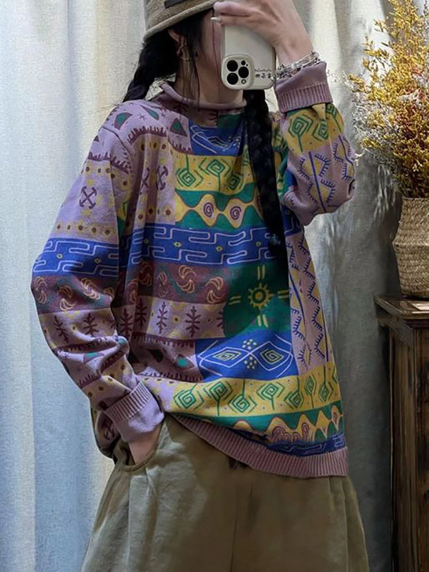 Women Vintage Print Knitted Turtleneck Knitted Sweater
