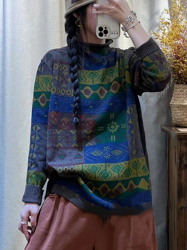Women Vintage Print Knitted Turtleneck Knitted Sweater