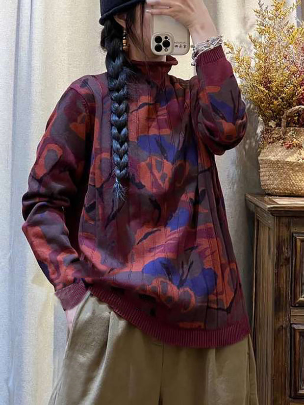 Women Casual Tree Print Half-high Collar Sweater