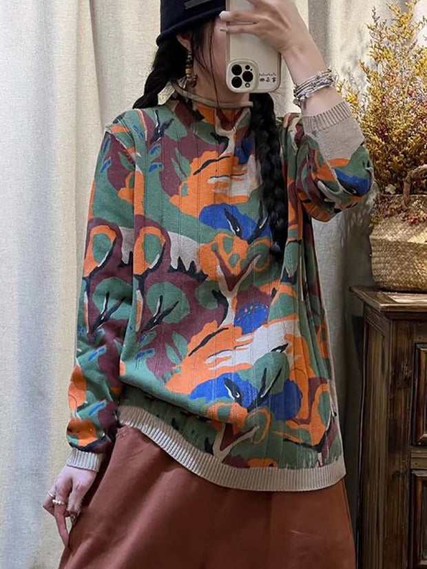 Women Casual Tree Print Half-high Collar Sweater