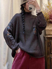 Women Winter Spliced Knitted Turtleneck Sweater