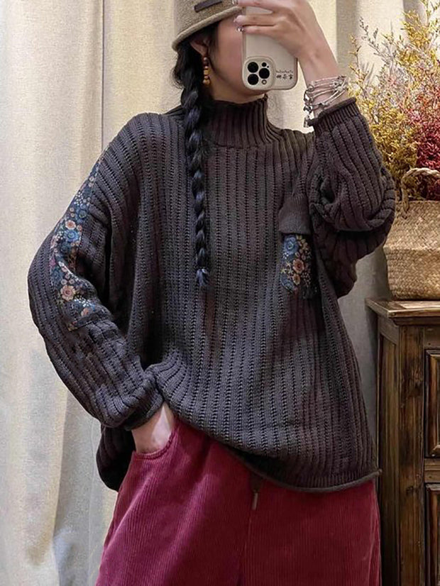 Women Winter Spliced Knitted Turtleneck Sweater