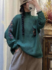 Women Winter Spliced Knitted Turtleneck Sweater